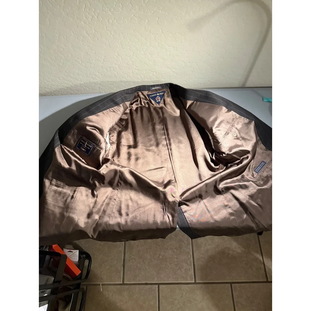 Tommy Hilfiger Mens Brown Pinstripe 2 Piece Suit Blazer Pleated Pants Dillard's